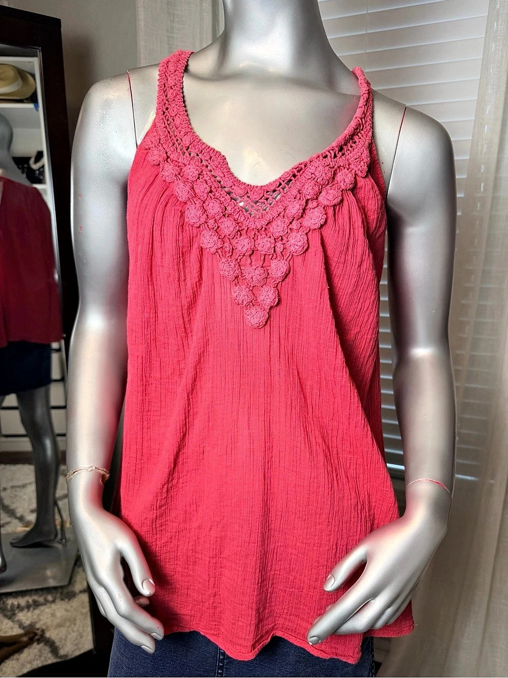Chaps Ralph Lauren Crochet Yoke Tank Top Medium Coral Pink 100% Cotton